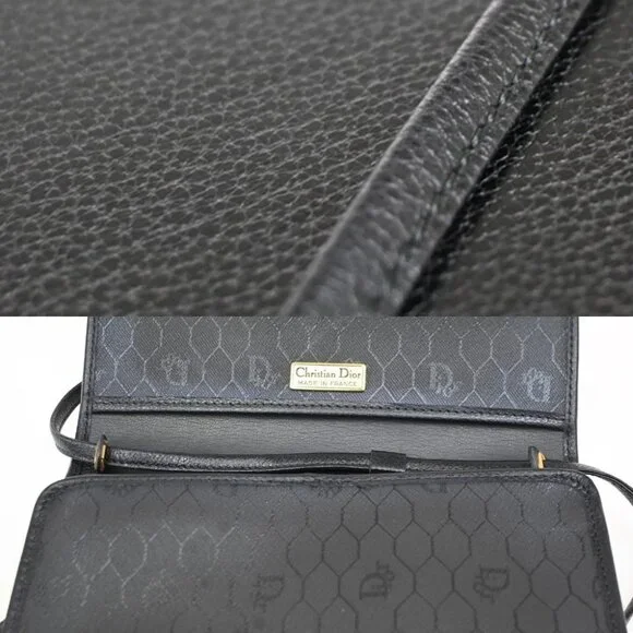 CHRISTIAN DIOR Logo Honey Comb Mini Shoulder Bag PVC Leather Black